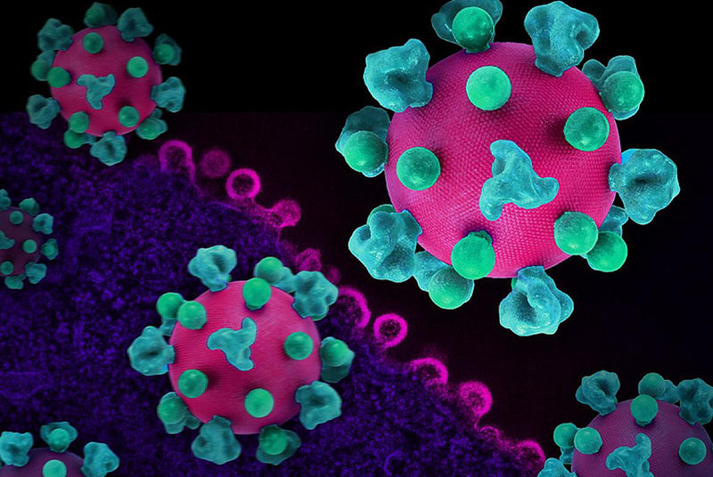 Layout featuring colorized 3D prints of HIV virus particles (pink with teal surface proteins) and a background image that is a colorized transmission electron micrograph of HIV virus particles (pink) budding and replicating from an H9 T cell (purple)
