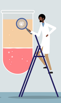 illustration of a test tube and scientist on a ladder