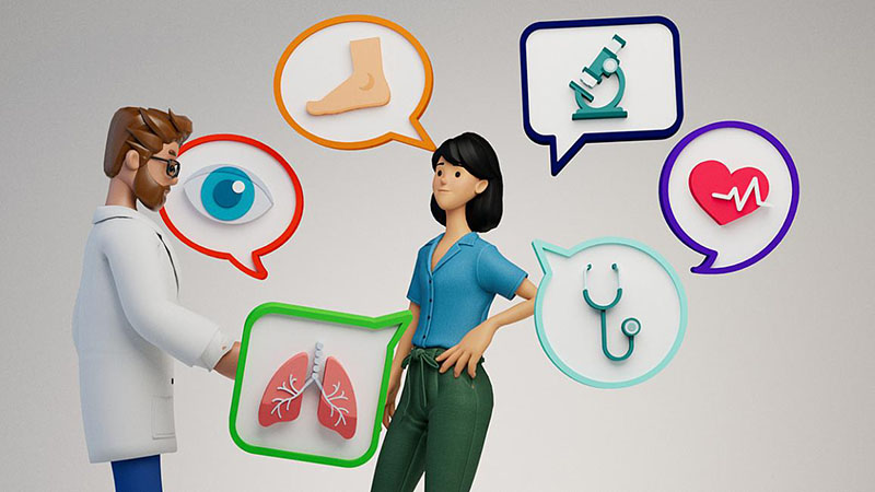 cartoon of patient describing symptoms to doctor