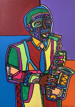 abstract. painting of man playing saxaphone