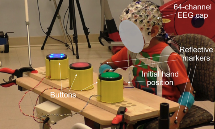 the study's experimental setup showing a boy set in front of several buttons with an EEG cap on his head