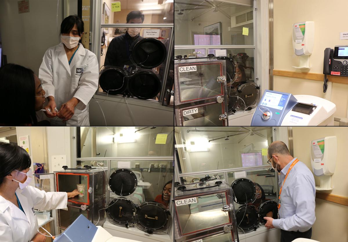 medical personnel and Dr. Rotman interact with a volunteer to demonstrate how Dr. Rotman uses a metabolic chamber in his studies