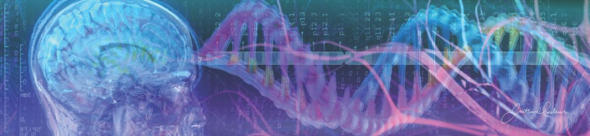 purple and blue illustration of a human head and dna helix