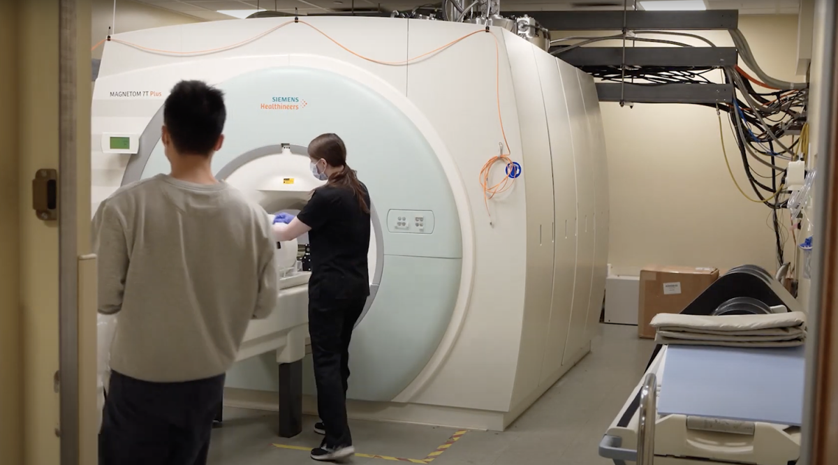 study participant being put into an MRI scanner