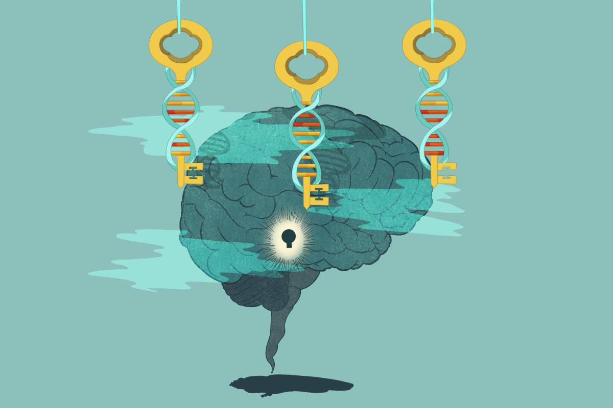 green and blue illustration of the brain with dna helix overlay