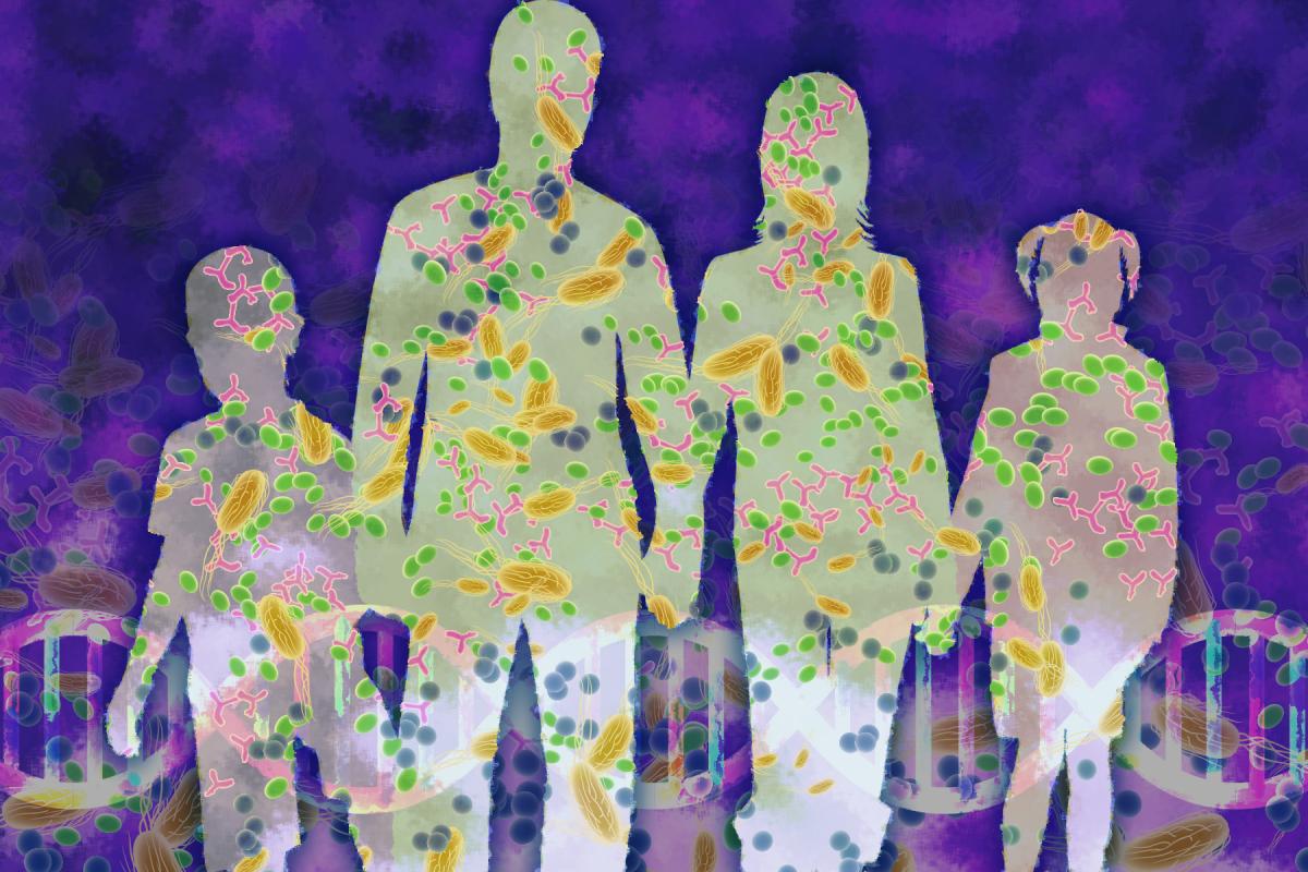 human silhouettes filled with illustrations of microorganisms