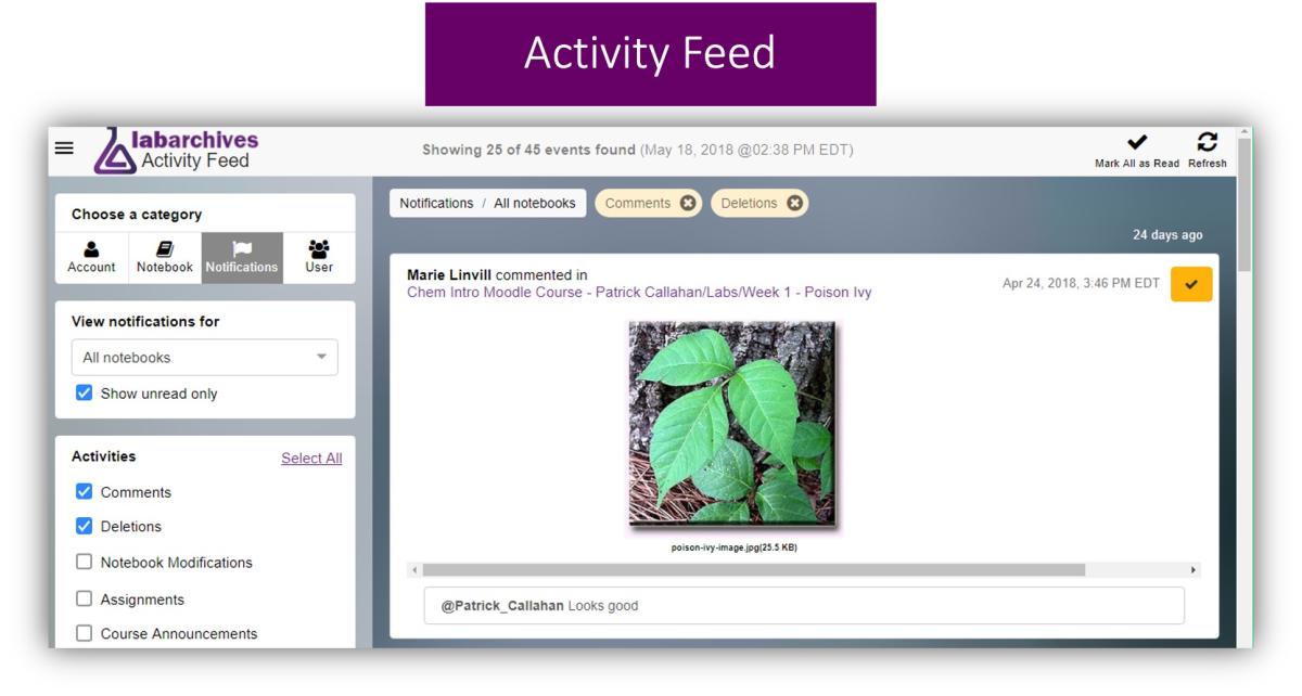 Screenshot of an activity feed of an electronic lab notebook