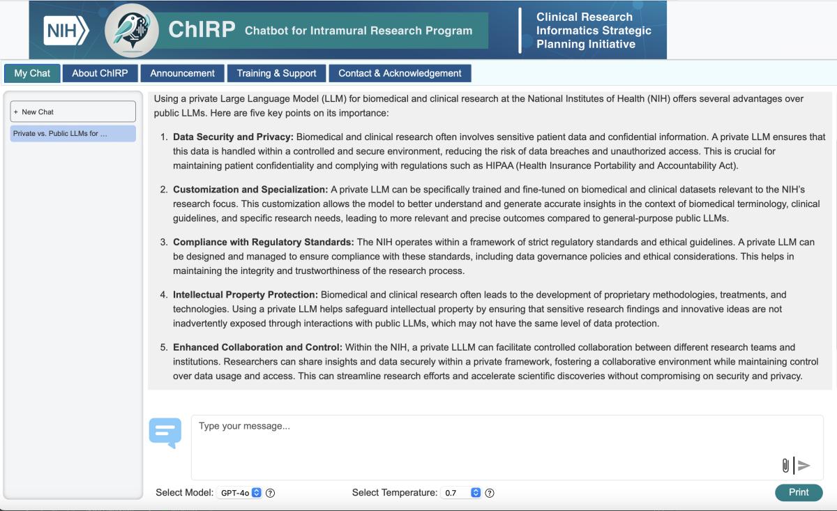 ChIRP enables intramural scientists and clinicians to use ChatGPT without compromising external confidentiality or privacy. ChIRP is available via NIH VPN access at https://chirp.od.nih.gov.