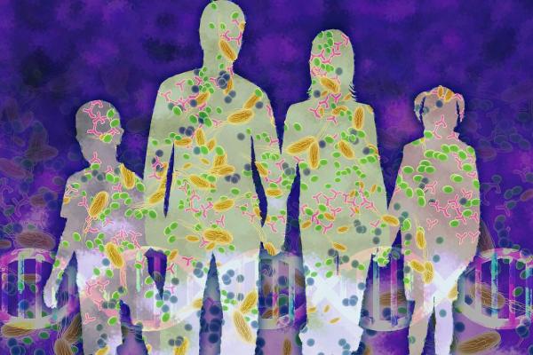 human silhouettes surrounding microbes