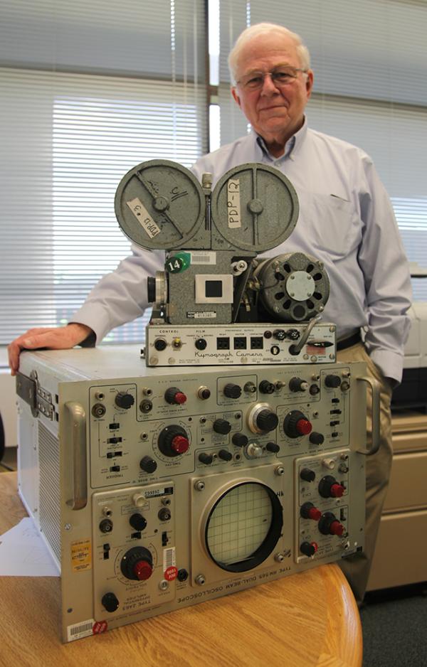Robert Wurtz with camera element of eye movement recording apparatus
