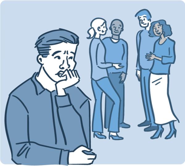 anxious man afraid to enter into a group conversation