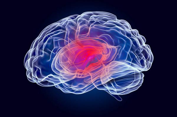 brain with red area in the middle representing inflammation