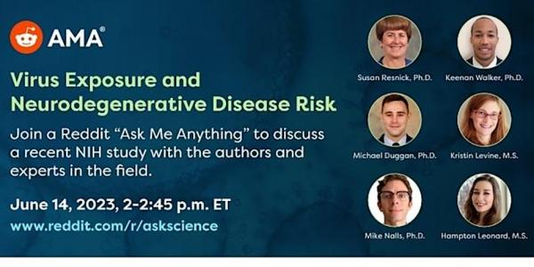 promo image with reddit logo and photos of six NIH researchers participating in CARD's Reddit "Ask Me Anything"