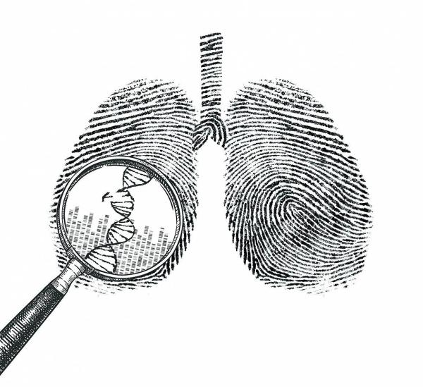 magnifying glass examining DNA in the lungs