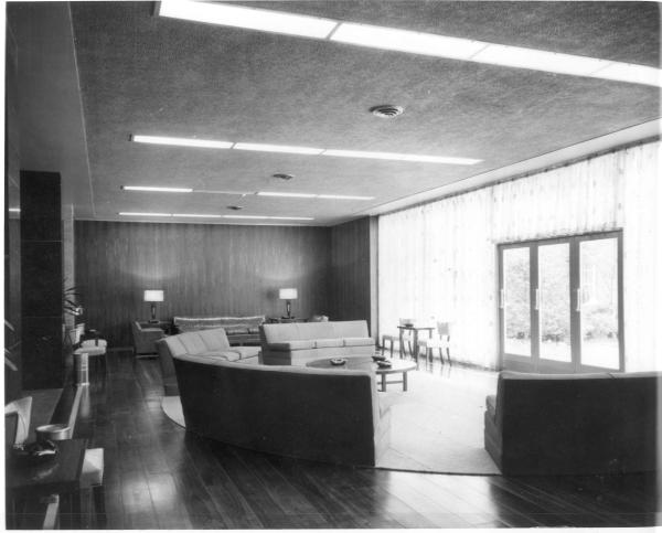 Black and white image of the original NIH Clinical Center patient waiting area