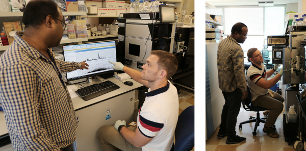 Dr. Nathan Basisty and one of his lab members analyze mass spec data