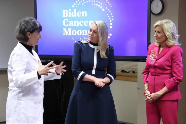 Monica Bertagnolli speaks to First Lady Jill Biden on stage