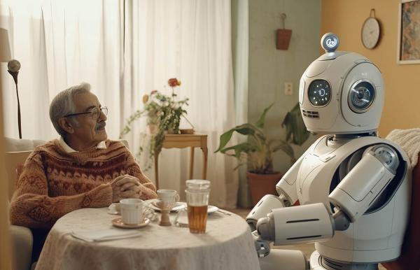 older man sitting at a table with a robot