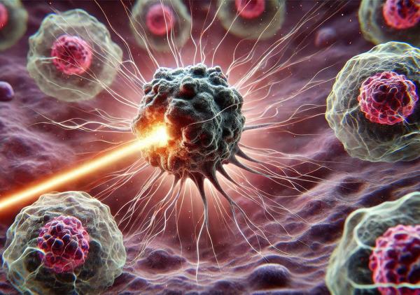 cancer cell being destroyed by a high-energy beam