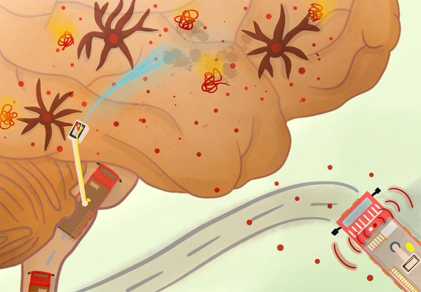 illustration of fire trucks rushing to put out a fire in the brain