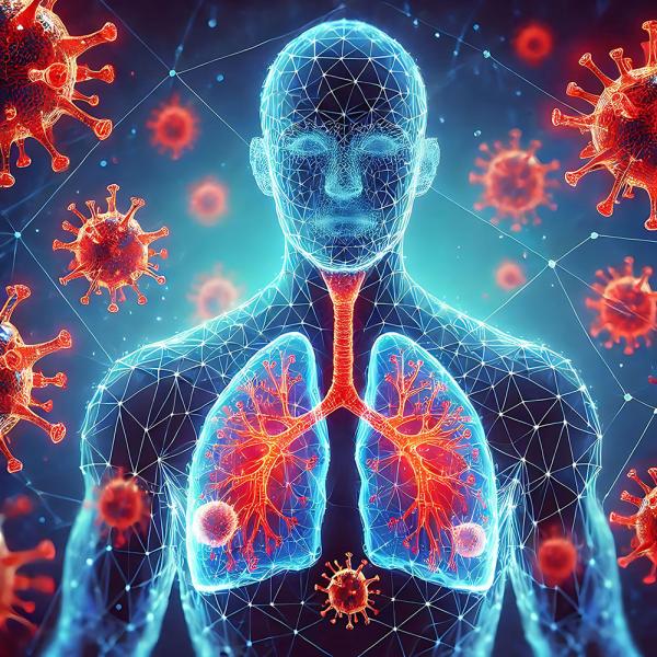 a person's lungs surrounded by virus particles