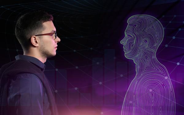 man facing his computer-generated twin