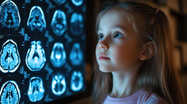 young girl next to MRI images