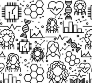 illustrations of women, microchips, and DNA molecules