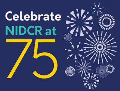 text reading "celebrate NIDCT at 75" next to fireworks