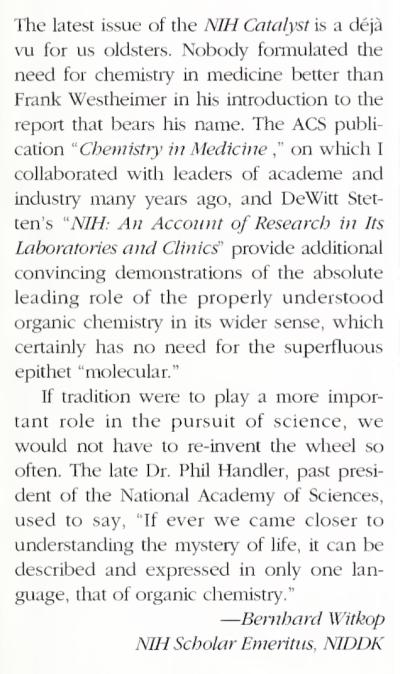 Bernard Witkop letter to the editor in 1996 Catalyst