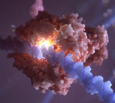 glowing pink molecule and blue strand