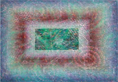 painting of rectangles within rectangles in blue green and red