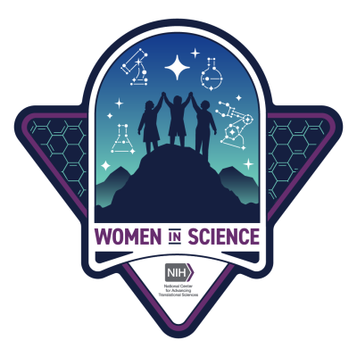 three women on top of a hill surrounded by science-related images made up of star constellations